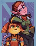  anthro assassyart blue_eyes duo female green_eyes hi_res humanoid insomniac_games larger_female lombax looking_at_another male mammal markazian ratchet ratchet_and_clank romantic romantic_couple size_difference smile sony_corporation sony_interactive_entertainment stripes talwyn_apogee video_games 