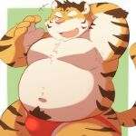  2021 96tning anthro belly bulge clothing cute_fangs felid humanoid_hands jockstrap kemono male mammal moobs navel one_eye_closed overweight overweight_male pantherine solo tiger underwear wink 