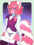  ailurid anthro artist_name bow_tie clothing fur girly green_eyes hair hi_res leggings legwear male mammal mothux open_mouth panties pink_nose purple_clothing purple_leggings purple_legwear purple_topwear purple_vest red_body red_fur red_hair red_panda signature slim small_waist solo standing striped_tail stripes thigh_highs topwear underwear vest 