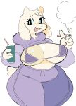  2022 anthro beverage big_breasts biped black_eyebrows black_eyes boss_monster bottomwear bovid bra breasts caprine chubby_anthro chubby_female cigarette clothed clothing curvy_figure digital_media_(artwork) eyebrows female fluffqween front_view fur gesture glistening glistening_breasts goat hair hi_res holding_beverage holding_cigarette holding_object hoodie looking_aside mammal open_mouth pants portrait purple_bottomwear purple_bra purple_clothing purple_hoodie purple_pants purple_topwear purple_underwear raised_clothing raised_hoodie raised_topwear simple_background skimpy smoke smoking solo standing tan_body tan_breasts tan_fur tan_tail thick_thighs three-quarter_portrait topwear toriel undertale undertale_(series) underwear v_sign video_games voluptuous white_background 