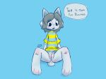  anthro blush canid canine clothed clothing felid feline female fur genitals hair hi_res mammal open_mouth pussy simple_background tem temmie_(undertale) text topwear tsuraipossum undertale video_games white_body 