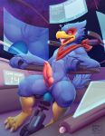  3_toes anal anal_penetration anthro avian detailed_background erection falco_lombardi feet fucking_machine genitals hi_res looking_pleasured machine male nintendo penetration penis scarf sitting solo star_fox thesecretcave toes video_games 