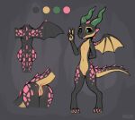  black_body black_scales butt claws female genitals gesture invalid_tag kobold model_sheet multicolored_body phluks pink_spots pussy scales scalie simple_background solo spots urd v_sign wings 
