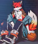  2021 angiewolf anthro ball basketball_(ball) blep bottomwear canid canine clothed clothing ear_piercing footwear jacket male mammal pants piercing pink_nose shoes sitting sneakers solo tongue tongue_out topwear 