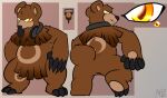  2021 3_toes 5_fingers anthro azuraracon bearphones brown_background brown_body brown_fur claws crotch_tuft feet fingers front_view fur headphones looking_at_viewer looking_back male model_sheet neck_tuft nintendo nude orange_eyes pawpads pok&eacute;mon pok&eacute;mon_(species) rear_view signature simple_background solo standing toes tuft ursaring video_games 