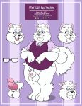  2019 animal_genitalia animal_penis anthro balls bottomless bravo canid canine canis clothed clothing domestic_dog erection eyewear facial_hair fur genitals glasses hi_res male mammal mature_male model_sheet mustache overweight overweight_male penis shirt small_penis solo topwear white_body white_fur 