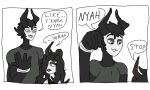  2017 2_horns 5_fingers asymmetrical_horns bangs bendy_and_the_ink_machine black_body black_eyebrows black_hair black_horn black_lipstick black_pupils border bracelet brown_horn clothing comic crooked_horn dark_eyebrows dark_hair dark_horn demon dialogue digital_drawing_(artwork) digital_media_(artwork) dilated_pupils duo english_text eyebrows eyelashes fan_character female female_(lore) fingers flat_colors front_view green_clothing green_shirt green_t-shirt green_topwear grey_eyelids hair hair_over_eye half-closed_eyes head_horn horn horned_humanoid humanoid humanoid_hands jewelry light_eyes lipstick long_bangs long_hair makeup male male_(lore) meme monotone_body monotone_eyebrows monotone_hair monotone_horn monotone_skin multicolored_body narrowed_eyes noseless not_furry one_eye_obstructed open_:3 palm_up parody pointy_horn pupils raised_eyebrows red_clothing red_shirt red_topwear shirt short_hair simple_background sleeveless_shirt slit_pupils smile smirk smug speech_bubble t-shirt tabbyseraph text three-quarter_view topwear two_tone_body video_games white_background white_body white_bracelet white_eyes white_skin y&#039;know_nyah yellow_eyes 