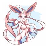  2021 accessory anthro biped blue_eyes bow_ribbon bow_tie breasts clothing cute_face dated digital_drawing_(artwork) digital_media_(artwork) ears_up eeveelution female fluffy fluffy_tail fur hair_accessory hair_bow hair_ribbon hi_res legwear long_ears looking_at_viewer nintendo pink_body pink_ears pink_fur pink_tail pok&eacute;mon pok&eacute;mon_(species) pokemon_(anime) portrait pose presenting raised_tail ribbons shaded signature simple_background smile snorly solo standing sylveon thick_thighs three-quarter_portrait tights video_games year 