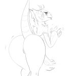  2017 4_fingers anthro big_butt butt female fingers genitals girokett greyscale hi_res horn kaiju looking_at_viewer looking_back monochrome motion_lines nude pussy raised_tail rear_view signature simple_background sketch solo sugarbeast thick_thighs tongue tongue_out white_background 