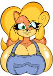  absurd_res activision alpha_channel anthro bandicoot big_breasts breasts cleavage clothed clothing coco_bandicoot crash_bandicoot_(series) digital_media_(artwork) female green_eyes hair hi_res huge_breasts hyper hyper_breasts inflation looking_at_viewer mammal marsupial mrxrickyx simple_background solo teeth tight_clothing video_games worried 