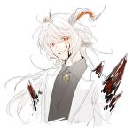  1boy :d animal_ears arknights black_shirt blush collared_shirt goat_boy goat_ears goat_horns highres horns jacket kreide_(arknights) long_hair looking_at_viewer male_focus medallion originium_(arknights) oripathy_lesion_(arknights) red_eyes shikiri shirt simple_background sketch smile solo suit suit_jacket tears upper_body white_background white_hair white_jacket 