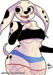  101_dalmatian_street 101_dalmatians anthro breasts canid canine canis clothed clothing dalmatian disney dolly_(101_dalmatians) domestic_dog female jewelry mammal necklace net_stockings open_mouth rizkitsuneki signature simple_background smile solo 