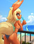  anthro artist_name beach bikini biped black_sclera clothing detailed_background digital_drawing_(artwork) digital_media_(artwork) eeveelution eyebrows eyelashes female flareon food looking_at_viewer looking_back nintendo pok&eacute;mon pok&eacute;mon_(species) popsicle portrait rilex_lenov seaside shaded soft_shading solo standing swimwear text three-quarter_portrait url video_games 