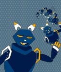  4_fingers ambiguous_gender android anthro balladof8beers blue_background blue_body digital_drawing_(artwork) digital_media_(artwork) e621 esix fingers flat_colors hexagon hi_res machine mascot multicolored_ears narrowed_eyes recursion robot simple_background solo teeth white_ears yellow_ears yellow_eyes yellow_sclera 