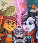  anthro assassyart blue_eyes clank_(ratchet_and_clank) female green_eyes group happy hi_res insomniac_games lombax looking_at_viewer machine male mammal pink_nose ratchet ratchet_and_clank rivet_(ratchet_and_clank) robot smile smiling_at_viewer sony_corporation sony_interactive_entertainment stripes tongue tongue_out video_games 