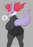  &lt;3 2021 3_fingers absurd_res anthro big_breasts big_butt black_bottomwear black_clothing black_pants black_sweater black_topwear blush blush_lines bottomwear breasts butt clothed clothing delphox dialogue english_text female fingers fluffy fluffy_tail fur grey_background hand_on_butt hi_res huge_breasts inner_ear_fluff looking_back nintendo pants pants_down partially_clothed pok&eacute;mon pok&eacute;mon_(species) purple_body purple_fur red_eyes saltyxodium shiny_pok&eacute;mon simple_background solo speech_bubble sweater text tongue tongue_out topwear tuft video_games 