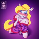  2020 animaniacs anthro bathrobe bedroom_eyes bite biting_lip biting_own_lip blonde_hair breasts cleavage clothed clothing female fur hair high-angle_view looking_at_viewer mammal minerva_mink mink mustelid musteline narrowed_eyes off_shoulder purple_background robe seductive self_bite simple_background solo true_musteline vinnyssketches warner_brothers white_body white_fur yellow_tail 