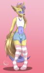  absurd_res alexyoshirama anthro canid canine clothing collar dipstick_tail ear_piercing footwear fox girly hi_res male mammal multicolored_tail navel piercing socks solo 