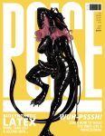  2021 absurd_res anthro barcode bassenji biped black_rubber_suit breasts cover english_text erection genitals gynomorph hair hi_res holding_object holding_whip intersex magazine_cover nipples penis pink_hair rubber sergal standing text whip 