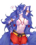  &lt;3 absurd_res anthro blue_body blue_fur bottomwear breasts canid canine captainjohkid clothed clothing countershade_face countershade_hands countershade_neck countershade_torso countershading duga female fur hi_res inner_ear_fluff mammal monotone_background nipples portrait sega shining_(sega) shining_force_exa simple_background smile solo three-quarter_portrait topless topless_female tuft video_games white_background white_body white_fur 