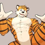  2021 abs anthro big_muscles calvin_and_hobbes countershade_face countershade_neck countershade_torso countershading cute_fangs digital_drawing_(artwork) digital_media_(artwork) felid fur gesture grey_background half-length_portrait hi_res hobbes jazz_hands jrjresq looking_at_viewer male mammal meme monotone_background muscular muscular_anthro muscular_male navel nude open_mouth pantherine pecs portrait simple_background smile smirk solo tiger tongue 