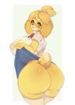  2021 absurd_res animal_crossing anthro big_breasts big_butt bottomwear breasts butt canid canine canis clothed clothing clothing_lift colored digital_media_(artwork) domestic_dog eyebrows eyelashes female fur green_eyes hair hi_res huge_breasts huge_butt isabelle_(animal_crossing) mammal miloff nintendo nipple_outline shaded shih_tzu shirt simple_background skirt skirt_lift smile topwear toy_dog video_games yellow_body yellow_fur 