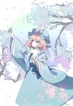  1girl blue_headwear blue_kimono cake_mogo cherry_blossoms closed_mouth hat japanese_clothes kimono long_sleeves mob_cap pink_eyes pink_hair saigyouji_yuyuko short_hair sleeve_garter solo touhou triangular_headpiece wide_sleeves 