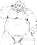  2021 anthro belly bulge felid feline hachirouta hi_res humanoid_hands kemono male mammal monochrome nipples overweight overweight_male scar simple_background sketch solo white_background wrestling_singlet 
