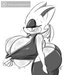  anthro bedroom_eyes big_breasts big_butt blush bodily_fluids bra bra_pull breasts butt butt_cleavage chiropteran cleavage clothed clothing clothing_pull conditional_dnp digitaldomain123 female hi_res huge_breasts looking_at_viewer mammal monochrome narrowed_eyes rouge_the_bat seductive sega solo sonic_the_hedgehog_(series) sports_bra sweat thick_thighs underwear underwear_pull wings 