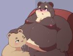  2021 balls belly blush bodily_fluids brown_body brown_fur cum duo fur gao_(kusosensei) genital_fluids genitals inigo_(kusosensei) kemono kusosensei male mammal moobs nipples oral overweight overweight_male penis sex sitting ursid 