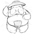  2021 96panda anthro asian_clothing balls belly blush bodily_fluids clothing east_asian_clothing flaccid fundoshi genitals ghibli hat headgear headwear hi_res japanese_clothing kemono lying male monochrome moobs nipples overweight overweight_male penis radish_spirit simple_background sketch small_penis solo spirited_away sweat underwear white_background 