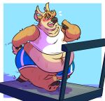  anthro antlers belly belly_overhang blue_background blush bodily_fluids cervid clothing exercise fur hi_res horn male mammal navel obese obese_anthro obese_male overweight overweight_anthro overweight_male shirt simple_background solo sweat syc tank_top topwear treadmill 