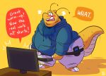  absurd_res anthro belly big_belly blue_clothing blue_hoodie blue_topwear bodily_fluids bottomwear clothing dragonite english_text exercise hi_res hoodie male nintendo overweight overweight_anthro overweight_male pants pok&eacute;mon pok&eacute;mon_(species) simple_background solo speech_bubble sweat syc text topwear video_games yellow_background 