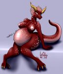  2017 anthro areola belly big_belly breasts dragon female hi_res horn leqha looking_at_viewer nipples nude red_body rumbling_stomach smile solo 