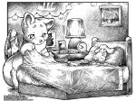  2021 ambiguous_gender anthro bed beverage black_and_white book canid canine clock clothing fur furniture glass lagomorph lanp leporid mammal monochrome nightstand nude o-kemono picture_frame plushie rabbit solo tired 