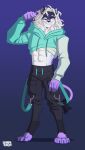  2021 abs anthro charmrage clothed clothing digital_media_(artwork) felid hi_res lion male mammal pantherine purple_background simple_background smile solo standing 