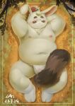 2021 absurd_res anthro asian_clothing belly blush brown_body brown_fur cai1448331577 canid canine clothing east_asian_clothing footwear fundoshi fur hi_res japanese_clothing kemono lagomorph leaf leporid lying male mammal moobs navel nipples overweight overweight_male rabbit raccoon_dog sandals solo tanuki underwear white_body white_clothing white_fundoshi white_fur white_underwear 