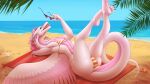  2021 absurd_res beach bitemylip clothed clothing day detailed_background digital_media_(artwork) dragon feathered_dragon feathered_wings feathers female hair hi_res open_mouth outside pink_body pink_feathers pink_hair pink_scales sand scales seaside shoreline sky smile solo teeth tongue water wings 