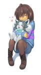  &lt;3 5_fingers bloomth boots brown_boots brown_clothing brown_footwear brown_hair canid canine clothed clothing duo eyes_closed felid feline female fingers footwear fur grey_hair grey_pawpads hair hug hugging_from_behind human mammal open_mouth pawpads protagonist_(undertale) simple_background smile tem temmie_(undertale) topwear undertale video_games white_background white_body white_fur 
