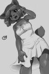  2021 anthro blush breasts canid clothing dress female grey_background hair hawtmoon hi_res looking_at_viewer low-angle_view mammal monochrome open_mouth short_hair simple_background sketch smile solo sundress 