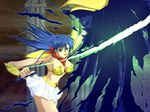  armor asou_yuuko bikini_armor blue_eyes blue_hair mugen_senshi_valis red_scarf scarf sword telnet valis weapon 