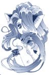  absurdres animal_ears arm_garter big_hair breasts cat_ears chain collar felicia hair_over_one_eye highres houruri lace large_breasts long_hair monochrome nipples non-web_source parted_lips solo upper_body vampire_(game) 