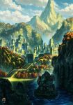  city cloud commentary_request day highres kneeling mecha mountainous_horizon no_humans original outdoors river robot santoni scenery sky stairs 