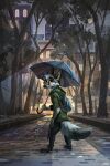  2021 anthro backpack biped bottomwear canid canine clothed clothing detailed_background eyebrows fur green_clothing grey_body grey_fur hi_res holding_object holding_umbrella hoodie jacato looking_at_viewer looking_back looking_back_at_viewer male mammal outside plant raining smile solo topwear tree umbrella 