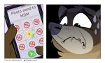  2021 anthro bite biting_lip biting_own_lip bodily_fluids cellphone comic english_text humor male mammal nervous nik159 phone procyonid raccoon relatable self_bite signature smartphone solo sweat telegram text 