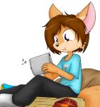  2016 anthro brown_body brown_fur brown_hair canid canine canis coyote dennis_(sandwich-anomaly) digital_media_(artwork) doritos eating fingers frito-lay fur hair ipad male mammal multicolored_body multicolored_fur musical_note purple_eyes sandwich-anomaly simple_background sitting smile solo tan_body tan_fur white_background 