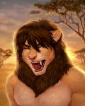  2021 anthro brown_hair day detailed_background digital_media_(artwork) felid hair lion male mammal miosha open_mouth orange_eyes outside pantherine sky solo teeth tongue whiskers 