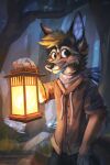  2021 absurd_res anthro being_watched black_nose blue_eyes canid canine clothed clothing detailed_background forest fur hair hi_res holding_object jacato lantern looking_at_another male mammal neckerchief outside plant solo topwear tree whiskers 