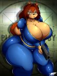  2021 absurd_res anthro bethesda_softworks big_breasts black_nose breasts brown_hair canid canine canis clothing domestic_dog eyebrows eyewear fallout female glasses green_eyes gun hair hi_res holding_gun holding_object holding_weapon huge_breasts jumpsuit mammal raised_eyebrow ranged_weapon solo superia superix thick_thighs video_games weapon wide_hips 