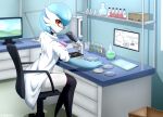  2021 baterco blue_hair clothing coat detailed_background dr._voir female gardevoir hair hi_res humanoid lab_coat laboratory_equipment nintendo orange_eyes pok&eacute;mon pok&eacute;mon_(species) scientific_instrument signature solo topwear video_games 